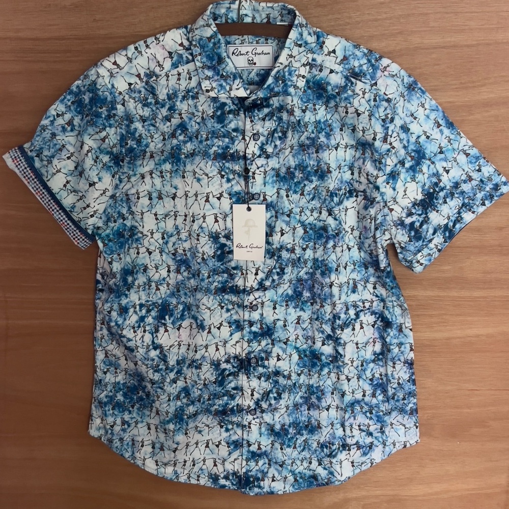 NWT Robert Graham short sleeve button down shirt sz L skeleton After Party print